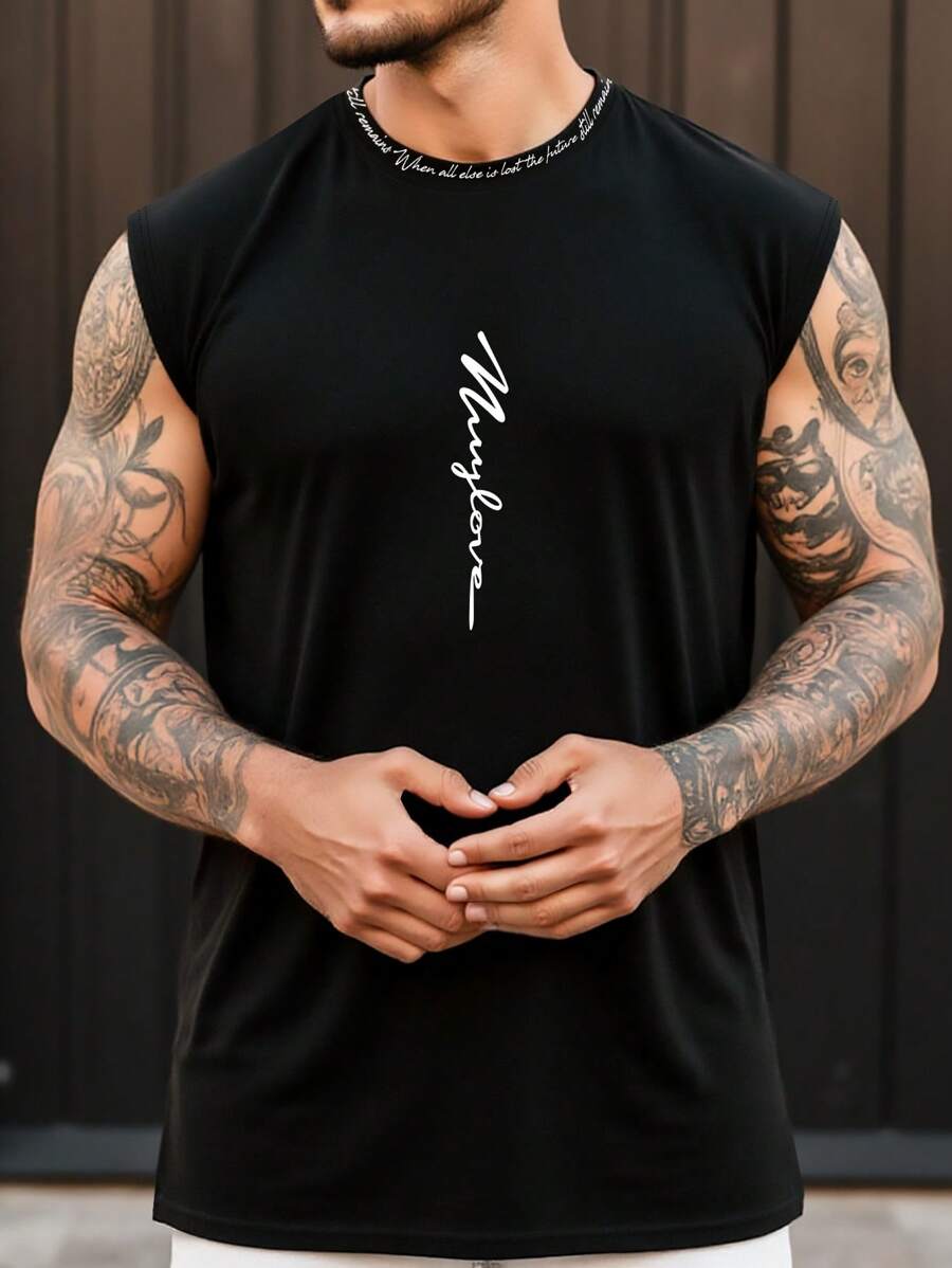 Manfinity Homme Casual Letter Graphic Print Sleeveless Tank Top, Suitable For Workout, Muscle Fit Button-Down Shirt For Men, Muscle Tee Top Men Muscle Shirts Gym Tank Top Men Men Sleeveless Full Tank Tops For Men - Black - View 1