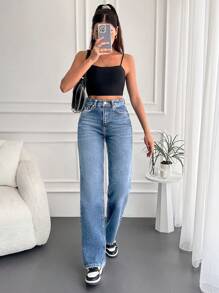 EURMUSE Women's Pocket Straight Relaxed Fit Casual Versatile Jeans - Light Wash - View 5