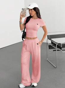 SHEIN EZwear 2pcs/Set Pink Fitted Embroidered Knit Homewear Set For Women, Summer Outfit - Pink - View 3