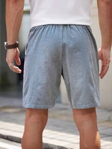 HIMLAND Shorts rectos casuales de cintura estrecha con rayas tejidas para hombre, adecuados para el uso diario en verano - Azul Marino - Ver 2