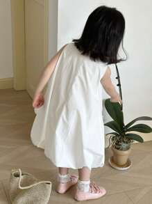 DAZY Young Girl Round Neck Casual Bowknot Butterfly Charming Mid-Length Solid Color Dress, Girls Summer Outfits - White - View 2