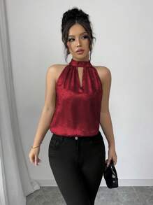 Selianne 女士优雅露背无袖光泽衬衫，适合春夏季度假 - 紅色 - 查看 5