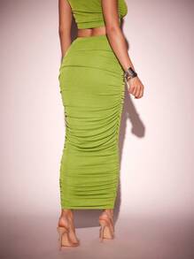 Vixey Slinky Knit Ruched Side Detail Maxi Bodycon Skirt, Summer Outfits For Women - Green - View 2