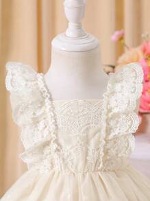 SHEIN Glamorique Kids Baby Girl Embroidered Ruffled Front Crew Neck Cute Mini Dress, Spring/Summer  Elegant Dresses For Baby Girl