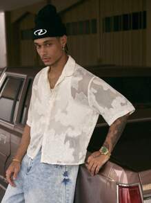 AXEPEAK Men's Loose Cut Short Sleeve Collared White Shirt With Cutout Floral Pattern, Streetwear Edition