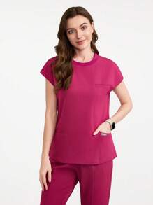 Scrubzie Women's Solid Color Round Neck Short Sleeve Pocket Casual /Nursing Scrub Top