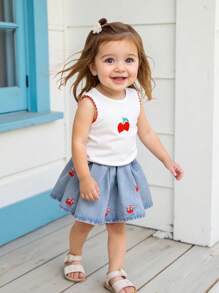 2-teiliges Baby Mädchen Set, niedlich und modisch mit bestickter Kirsche am ärmellosen Top und Denim Rock mit Falten, Preppy-Stil für Frühling und Sommer - Verschiedenfarbig - Übersicht 4