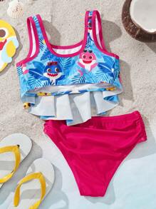 BABY SHARK X SHEIN 年轻女孩卡通鲨鱼印花暑假海滩比基尼套装 - 粉色 - 查看 2