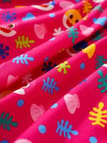 BABY SHARK X SHEIN Robe sans manches mignonne et douce avec imprimé de requin dessin animé à rayures contrastées et nœud décoratif pour bébé fille - Rose bonbon - Voir 5