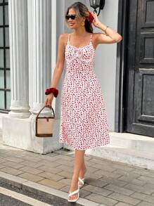 Chiquease Romantic Ditsy Floral Rose Print Lace Panel Front Tie Bow Sleeveless Fitted Midi Dress - Multicolor - View 1