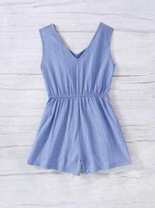 Emery Rose Kids Emery Rose Kids Tween Girl Twist Vest-Style Casual Romper With Front Buttons Decorated In Woven Texture Material, Suitable For Spring Outings - Dusty Blue - View 2