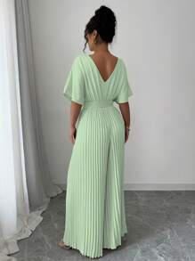 SHEIN PETITE 纯色深V领蝙蝠袖褶皱优雅女式连体裤 - 綠色 - 查看 2