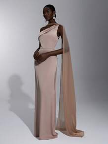 SHEIN Belle 优雅、浪漫、性感、简约卡其色缎面弹力不对称领口露背修身连衣裙，高开衩，时尚、网红风格，适合节日、度假、生日派对、婚礼、伴娘 - 咖啡棕 - 查看 5