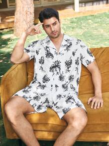 CoupledUp Conjunto de pijama para hombre con estampado de flores de tinta, cuello vuelto, apertura frontal y mangas cortas con pantalón corto - Blanco y Negro - Ver 2