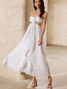 GENKIRA Vestido sin mangas de estilo bohemio de verano con volantes en el bajo, de múltiples capas, con escote de corpiño, de gasa de unicolor, estilo vacacional - Blanco - Ver 7