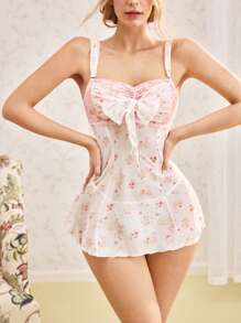 SHEIN 2pcs/Set Romantic Lace & Mesh Printed A-Line Slip Dress Sleepwear Set Bountiful Floral Splendor - White - View 1