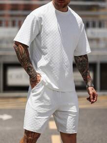 Manfinity CasualCool Conjunto informal de dos piezas de punto de unicolor básico de verano para hombres, con cuello redondo y manga corta, adecuado para uso casual diario, regalo apropiado para esposo y novio, conjunto blanco para hombres