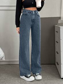 RueChic Casual Washed Minimalist Versatile Straight-Leg Jeans - Medium Wash - View 3