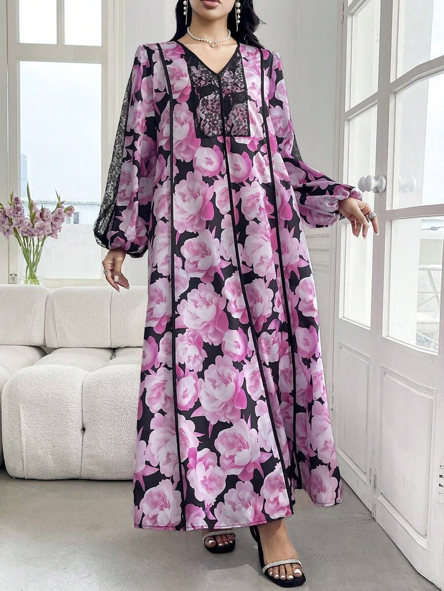 SHEIN Najma Lace Patchwork Floral Print Modest & Romantic Style Arabian Dress - Pink - View 1