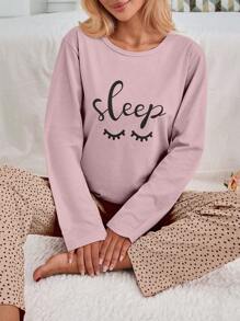 SHEIN Cottnline 100%纯棉两件套眼睛和心形印花睡衣套装 - 淺粉色 - 查看 3