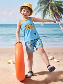 Shark Week X SHEIN Young Boy Summer Casual Vacation Shark Print Tank Top And Shorts Set - Multicolor - View 3