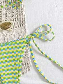 Swim Mod 2pcs/Set Women Summer Beach Holiday Random Bubble Gingham Print Triangle Tie Bikini Set Including Bottoms - Multicolor - View 4