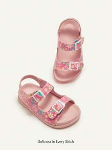 Cozy Pixies 1 双夏季可爱女童粉色碎花图案钩环休闲公主时尚百搭软底平底凉鞋