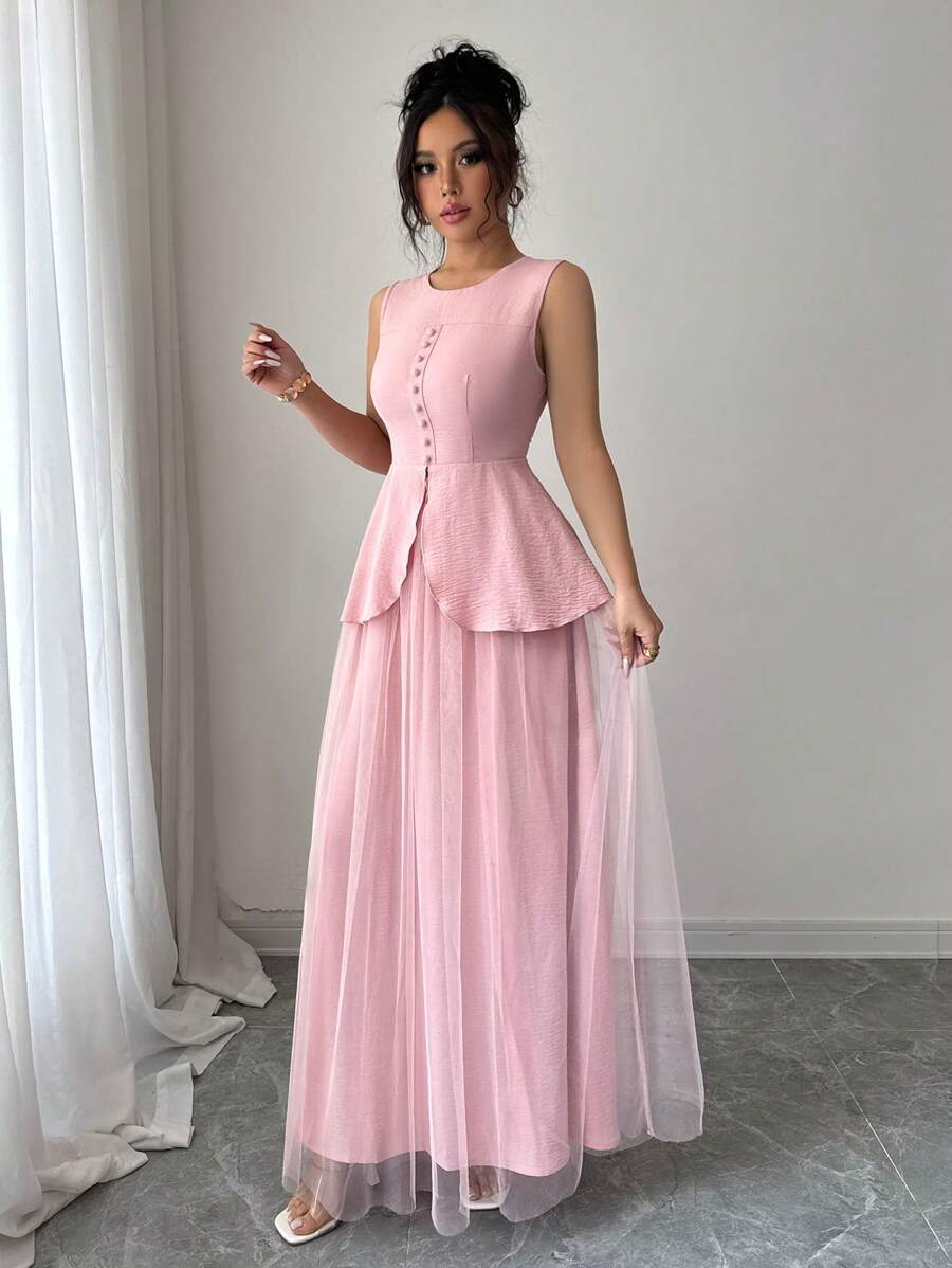 Elenzga Damski festiwalowy top bez rękawów i spódnica z siateczki 2-częściowy zestaw, różowy materiał teksturowany, okrągły dekolt, ściągacz w talii, elegancki strój na lato - Różowy - Zobacz 1