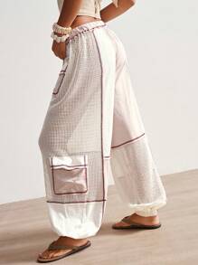 Bohemela Pantalones de pierna ancha de punto remiendados de cintura baja estilo boho casual de vacaciones para mujeres