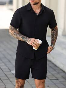 Manfinity Homme 2pcs/Set Men's Textured Jacquard Short Sleeve T-Shirt And Shorts Set - Black - View 1