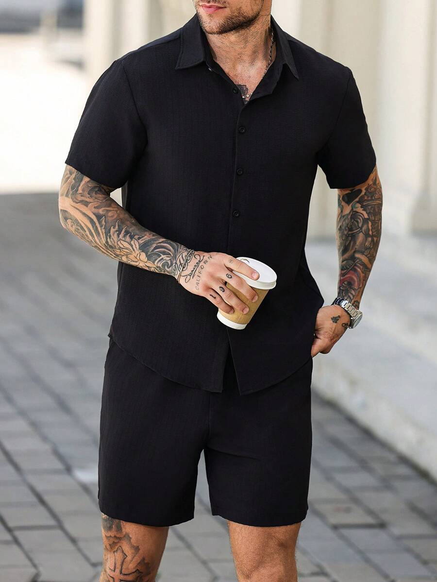 Manfinity Homme 2pcs/Set Men's Textured Jacquard Short Sleeve T-Shirt And Shorts Set - Black - View 1