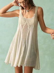 Bohemela Leisure Holiday Crochet Splicing Elegant Chiffon Large Square Neck Ruffle Hem Suspender Dress - Apricot - View 5
