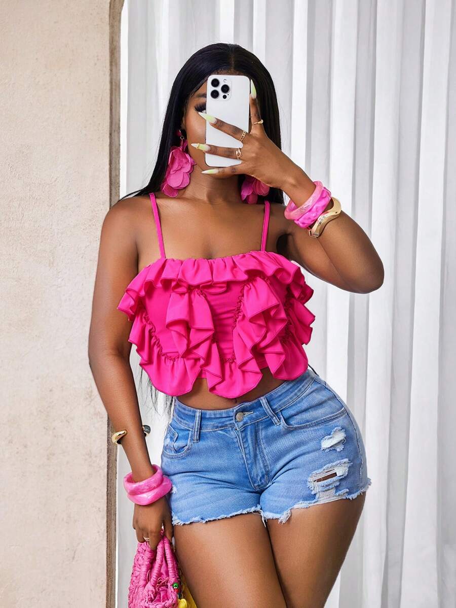 BamGleam 夏季时尚纯色荷叶边吊带露脐吊带牛仔草莓亮粉色上衣，春季，夏季假期，度假 - 玫紅色 - 查看 1