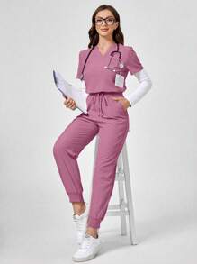 TaskEZ Scrub Uniform Set: Short Sleeve V-Neck Top And Long Pants