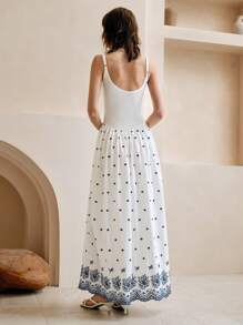SHEIN LUNE Women's White Polka Dot Embroidered Cami Dress,Summer Elegant Vacation Long A-Line Dress,Waist-Cinching Shirred Ruffle Hem Casual Beach Resort Wear - White - View 3
