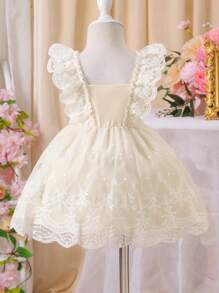 SHEIN Glamorique Kids Baby Girl Embroidered Ruffled Front Crew Neck Cute Mini Dress, Spring/Summer  Elegant Dresses For Baby Girl