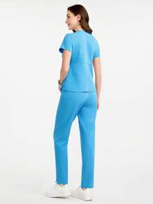 Scrubzie Crossover Neck Simple Short Sleeve Top And Pants Scrub Uniform Set