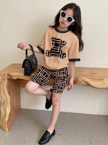 SHEIN Leap Crew 2 件青少年女孩休闲简约短袖 T 恤和短裤套装，适合夏季 - 彩色 - 查看 2