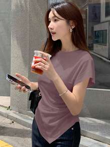 DAZY 女式修身不对称下摆短款T恤，短袖上衣