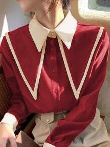 女式撞色前扣优雅长袖衬衫