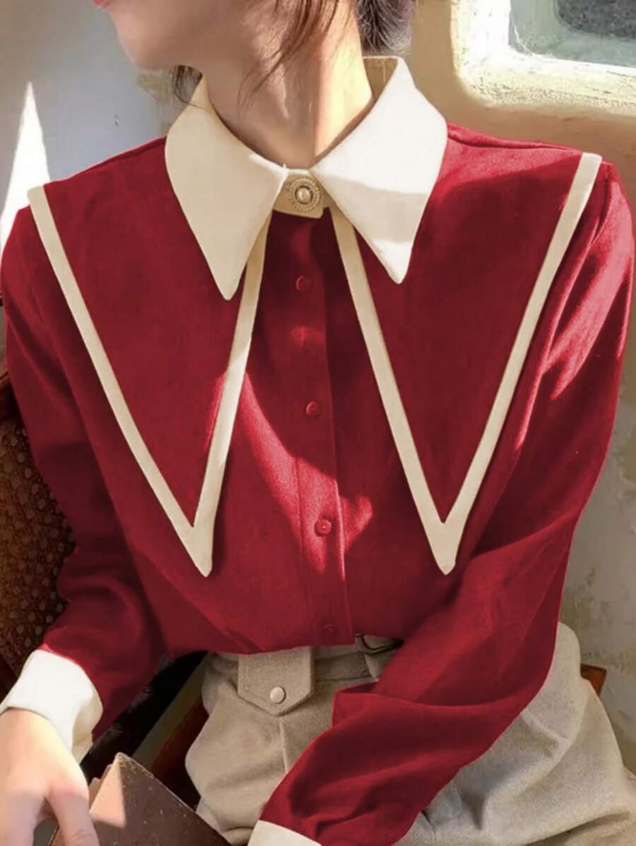 女式撞色前扣优雅长袖衬衫
