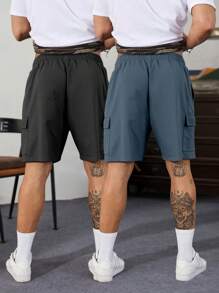 Manfinity Homme Loose Men's 2pcs Flap Pocket Side Drawstring Waist Shorts - Multicolor - View 2