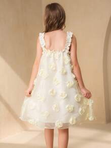 1 pieza Vestido lindo con volantes y flores 3D en el bajo para niñas preadolescentes, apropiado para fiestas y uso al aire libre, primavera/verano - Beis - Ver 2