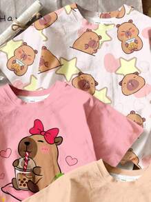 SHEIN 2 peças/Conjunto Capivara Fofa, Anime Rosa, Coração e Laço Impresso, Camiseta de Tripulação de Manga Curta Casual Minimalista, Verão Pré-adolescente Menina