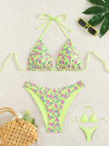 Swim Mod Springbreak Women's Cute Sexy Floral Print Double-Faced Bikini Set, Side-Tie Swim Shorts, Adjustable 2Pcs Beach Vacation Outfit, Festival Boho Style