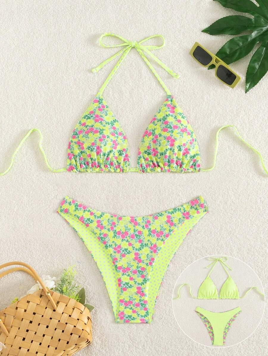 Swim Mod Springbreak Women's Cute Sexy Floral Print Double-Faced Bikini Set, Side-Tie Swim Shorts, Adjustable 2Pcs Beach Vacation Outfit, Festival Boho Style