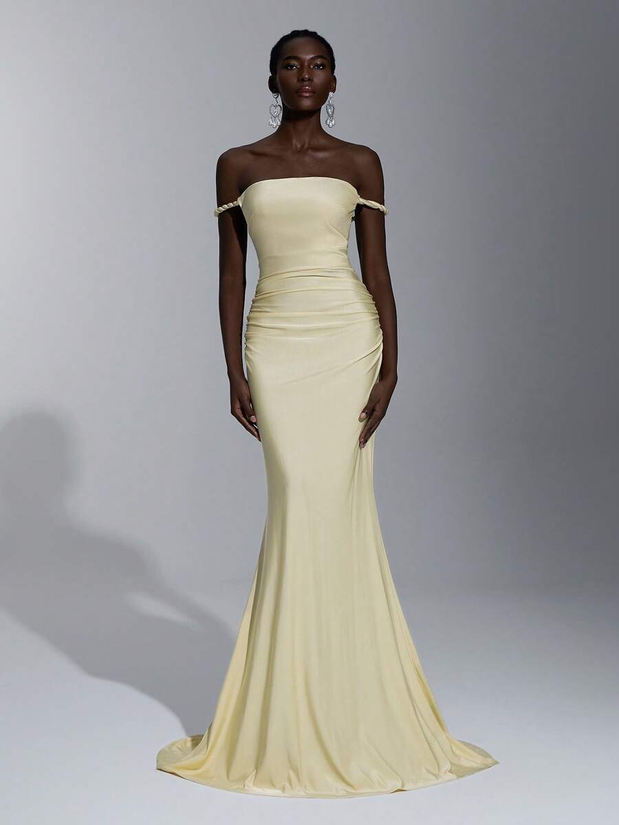 Elitara 优雅、浪漫、性感的极简主义无袖短款上衣，浅绿色针织松紧带，编织绳装饰，露背，修身，高开衩，时尚，网红风格，适合节日、派对、婚礼、伴娘礼服 - 芥末黃 - 查看 1