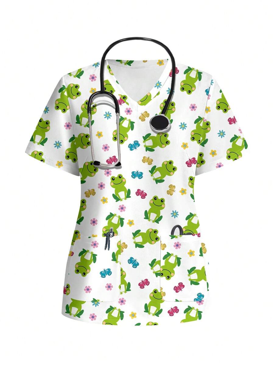 PopScrub Short Sleeve V-Neck Casual & Simple Frog Cartoon Scrub Uniform Top For Summer - Multicolor - View 1