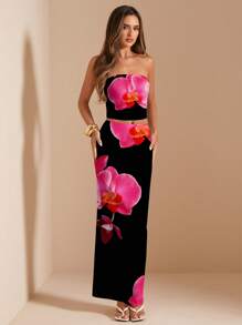 SHEIN BAE 2pcs/Set Women Casual Retro Floral Pattern Outfit, Suitable For Summer - Black - View 4