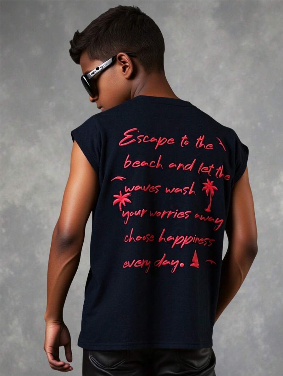 SHEIN Tween Boy Casual Street Fashion Beach Theme Washed Distressed Comfortable Fabric Loose Fit Round Neck Top, Suitable For Commuting, School, Daily Casual, Sports, Spring/Summer - Black - View 1